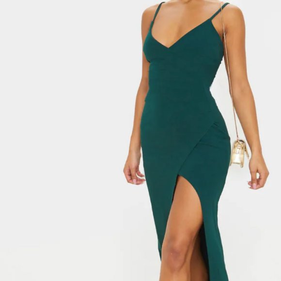 PrettyLittleThing Dresses & Skirts - NWT Pretty Little Thing Emerald Green Wrap Front Crepe Maxi Dress